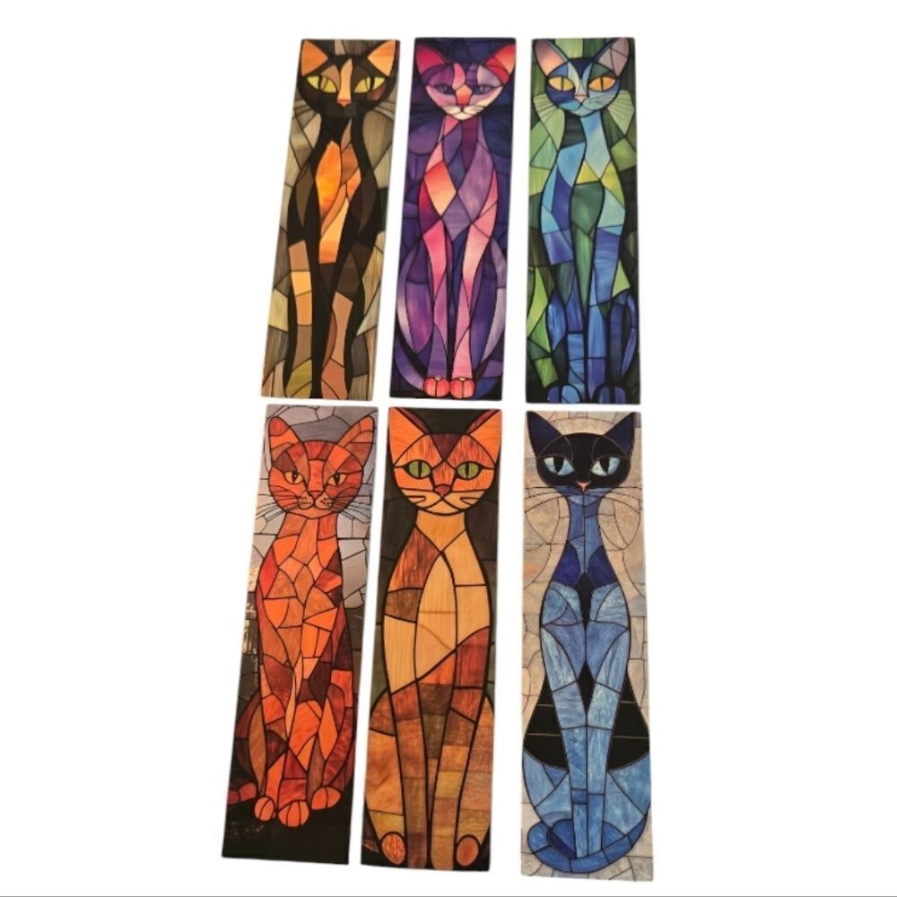 6pc Black Cat Bookmark Set Stained Glass Mosaic Bookmarks Gothic Kawaii Reading